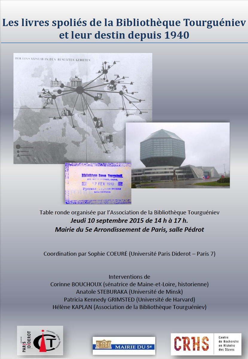 Affiche. Paris. Table ronde. Livres spoliés de la bibliothèque Tourgueniev. Table ronde 10 septembre 2015. 2015-09-10